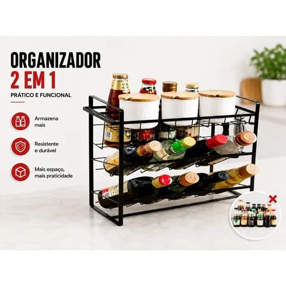 Organizador De Cozinha 2 Em 1 Porta Temperos E Garrafas Suporte Multiuso Bancada
