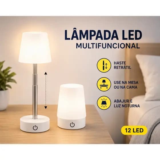 Abajur LED Recarregável Retrátil USB Ajustável Para Mesa Cabeceira Quarto