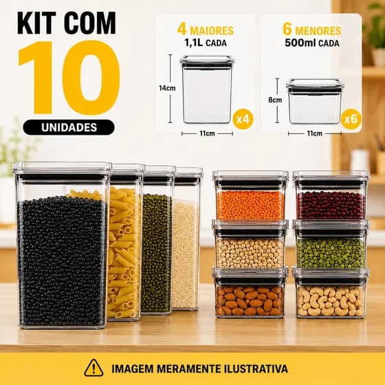 Kit com 10 Potes Herméticos Organizador de Cozinha Acrílico Premium Transparente