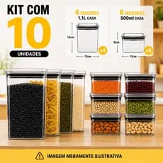 Kit com 10 Potes Herméticos Organizador de Cozinha Acrílico Premium Transparente