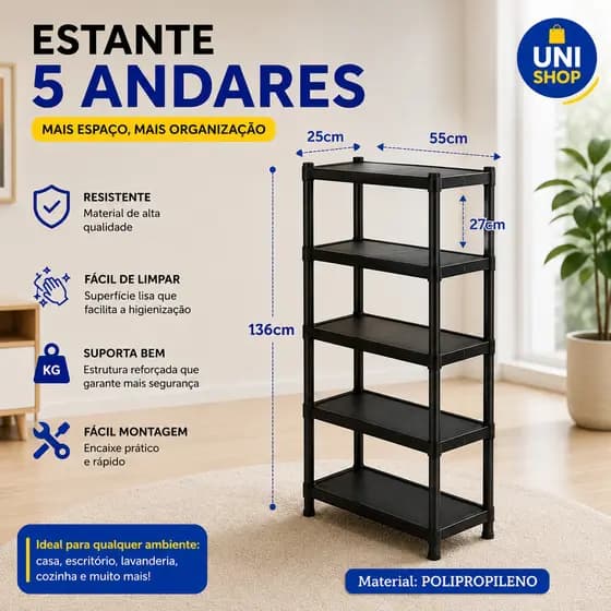 Estante com 5 Prateleiras Modular Multiuso Organizadora Plástico Reforçado - Escolha a sua
