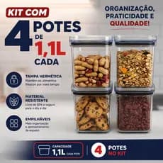 Kit com 4 Potes Herméticos 1,1L Porta Mantimentos Organização Cozinha Premium