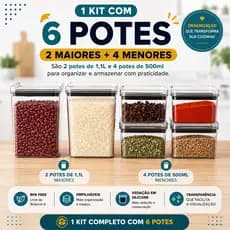 Kit 6 Potes Herméticos Multiuso Acrílico 2 de 1,1L e  4 de 500ml Premium