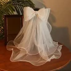 Véu De Noiva Com Laço Duplo FFOOD : Capacete De Renda Grampo De Cabelo De Branco Para Casamento