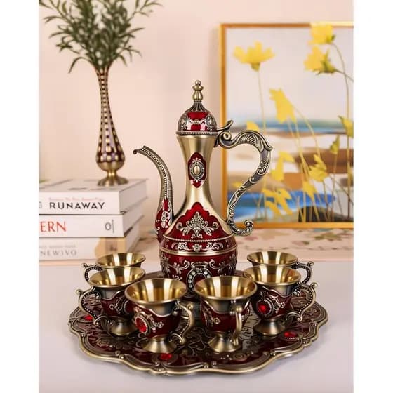 Conjunto de Chá Turco Vintage com Bandeja e 6 Xícaras, Conjunto Retrô de Cafeteira e Xícaras, Conjunto de Jarra de Vinho