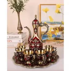 Conjunto de Chá Turco Vintage com Bandeja e 6 Xícaras, Conjunto Retrô de Cafeteira e Xícaras, Conjunto de Jarra de Vinho