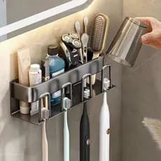 Ouqi Rack de escova de dentes sem perfuração, copo para enxaguatório bucal, copo de escovação, armazenamento elétrico mo