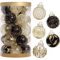 25 Bolas de Natal de 2,36 Polegadas, Enfeites de Natal Inquebráveis para Pendurar na Árvore - Preto e Dourado