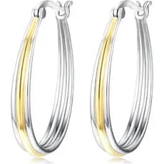 Brincos de Argola Pequenos em Prata Esterlina e Ouro, Oval com Ranhuras, Bicolor, para Mulheres
