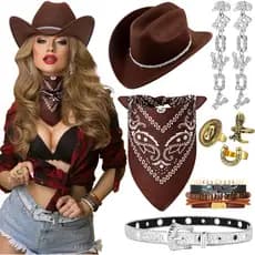 8 Peças de Chapéu de Cowboy com Strass para Mulheres, com Faixa Brilhante, Bandana e Brincos para Festas e Concertos Cou