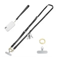 Alça de Telefone Clip and Go para Uso Transversal e de Pulso, 2 em 1, Cordão de Couro com Laços de Fixação, Ajustável, A