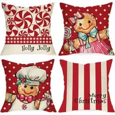 Capas de Almofada Decorativas de Natal com Tema de Boneco de Gengibre, 18x18, Conjunto de 4, Capa de Almofada Vermelha c
