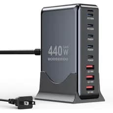 Carregador USB C de 440W, Estação de Carregamento com 8 Portas GaN III, Carregador Rápido com Cabo de Extensão de 1,5m,
