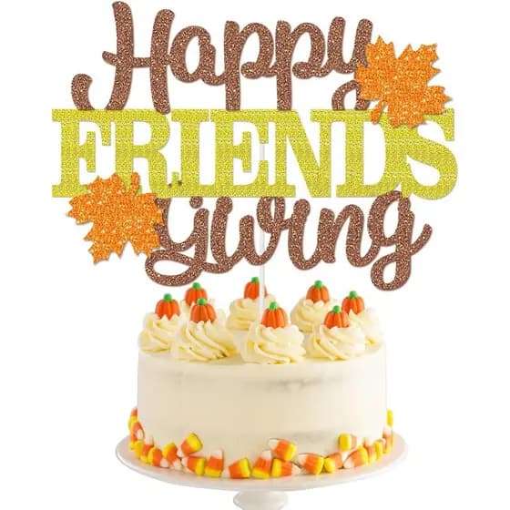 Topo de Bolo Happy Friendsgiving com Glitter e Folhas de Bordo para Decoração de Festa de Ação de Graças de Outono