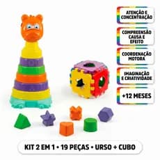 Kit Brinquedo Bebê Torre Urso + Cubo Encaixar Kendy