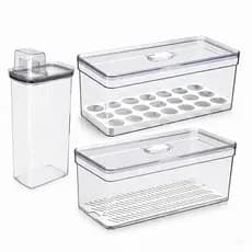 Kit 3 Organizadores 6,8L - Porta Ovos 40 Unidades + Tela para Legumes, Verduras e Frutas + Porta Sabão Dosador 2,8L