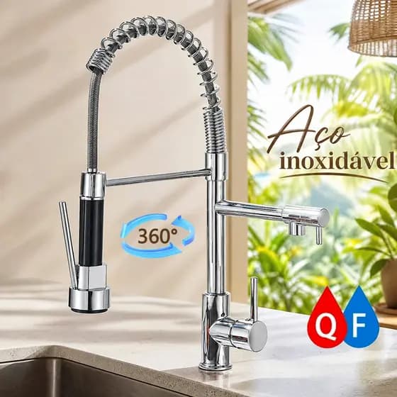 Torneira De Cozinha Gourmet Alça Única Com Extensor De Spray Tubo De Água Flexível Superior Prateado Para Ajuste