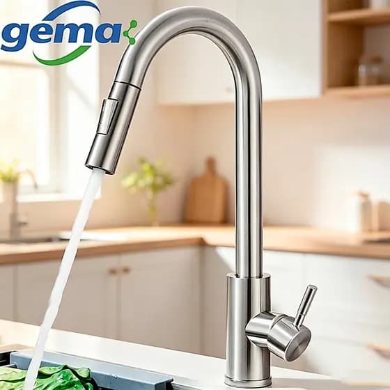 Torneira de cozinha de mesa em aço inoxidável, estilo luxo discreto, com água quente e fria, e bico flexível retrátil