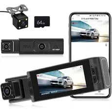 CAMECHO Câmera Veicular WiFi de 3 Canais, Câmera Tripla para Carro com Cartão de 64GB, Câmera Frontal e Interna 1080P pa