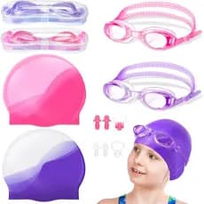 Conjunto de 8 Toucas de Natação para Crianças, Touca de Silicone para Idades de 6 a 14 Anos com Óculos de Natação, Prote