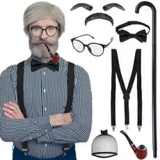 ANOGOL Touca de Cabelo + Conjunto de 8 Peças Peruca de Idoso para Fantasia de 100 Dias de Escola Peruca Curta Cinza de V