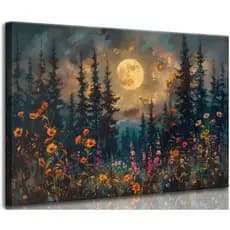 Quadro em Tela de Floresta com Lua Cheia, Pinheiros Iluminados pela Lua, Montanhas e Flores Silvestres, Paisagem Natural