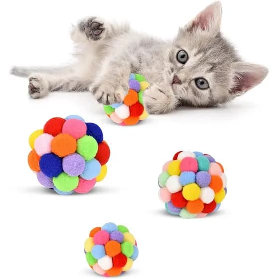 TUSATIY Cat Toy Balls with Bell 3PCS, Colorful Soft Fuzzy Balls Built-in Bell for Cats, Interactive Playing Chewing Toys