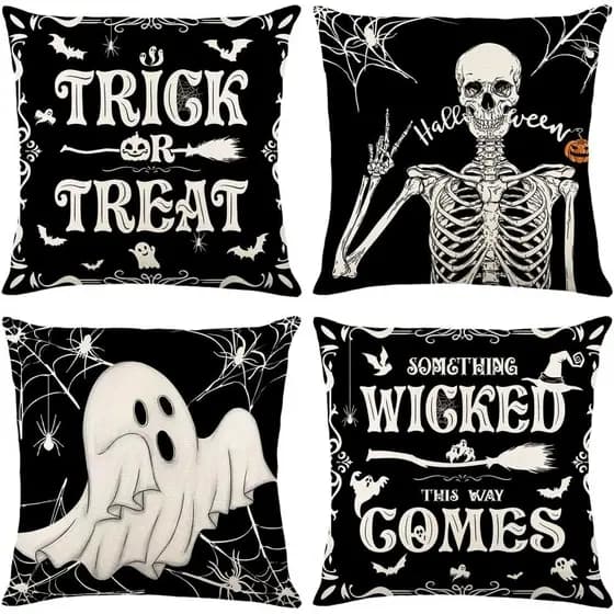Capas de Almofada de Halloween 18x18 Conjunto de 4, Capa de Almofada Fantasma, Esqueletos, Decorações Pretas de Hallowee