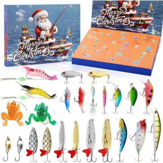 Calendário do Advento de Pesca 2025 - Kit de Iscas de Pesca para 24 Dias para Homens, Adultos, Adolescentes e Meninos, C