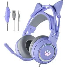 Fones de Ouvido com Orelhas de Gato, Headset Gamer Roxo com Microfone para Switch, Xbox One, PS4, PS5, Fones de Ouvido c