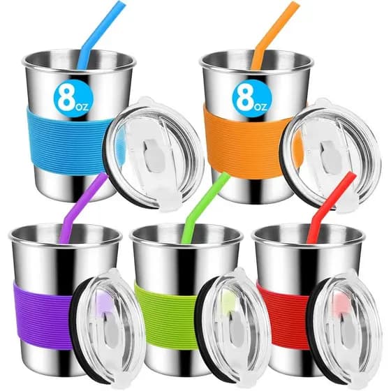 Yummy Sam Copos Infantis de Aço Inoxidável de 8oz com Canudos e Tampas de Silicone, Copos de Metal Pequenos de 235ml à P