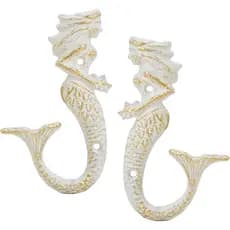Sungmor Set of 2 Cast Iron Mermaid Wall Hooks – Vintage Towel Hanger, Nautical Ocean Theme Decor with Distressed White F