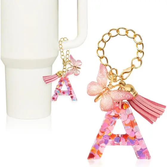 Chaveiro de Letra para Acessórios, Chaveiro de Inicial Fofo, Chaveiro de Borboleta Rosa com Borla para Mulheres e Menina