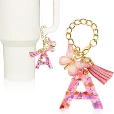 Chaveiro de Letra para Acessórios, Chaveiro de Inicial Fofo, Chaveiro de Borboleta Rosa com Borla para Mulheres e Menina