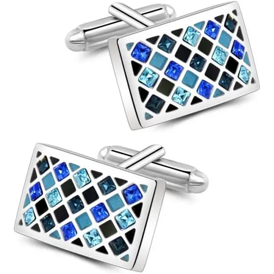 Abotoaduras Masculinas Mr.Van em Latão Banhado a Ródio com Cristais - Design Retangular 20x13mm - Inclui Bolsa de Veludo
