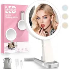 Espelho de Maquiagem com Luzes, Espelho de Maquiagem Iluminado de Dupla Face 10X/1X com Ampliação, Espelho de Maquiagem