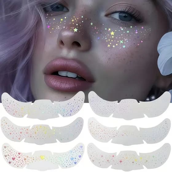 6 Folhas de Adesivos Holográficos com Glitter, Tatuagens de Coração, Estrelas à Prova d'Água e Resistentes à Temperatura