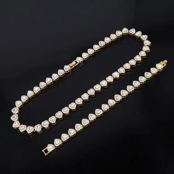 45 cm Nova Corrente de Tênis Hip Hop, Pulseira e Colar com Coração Brilhante de Strass, Joia de Moda Rock para Festa