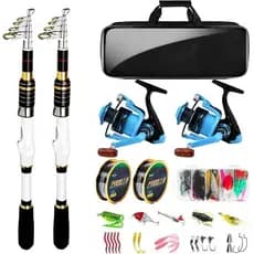 Conjunto de Vara de Pesca Telescópica e Molinete, 2 Varas de Viagem em Fibra de Carbono, 2 Molinetes Dobráveis, 2 Linhas