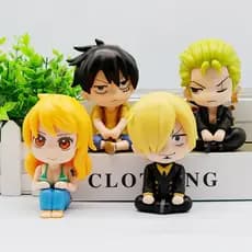 Figuras One Piece versão Q: Luffy, Zoro, Sanji, Nami em poses sentadas.   Modelo One Piece, modelo de carro H.