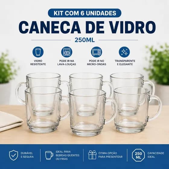 Kit Caneca De Vidro Clear 250ml Kit Cozinha Café Chá Leite Mesa Posta