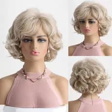 Peruca Curta Loira Cacheada Elegante para Mulheres, Peruca Bob Sintética Ondulada e Volumosa para Uso Diário e Festas, P