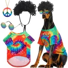 Kinlop 4 Peças Fantasia de Cão Hippie para Halloween, Acessórios para Fantasia de Animal de Estimação Incluindo Camiseta