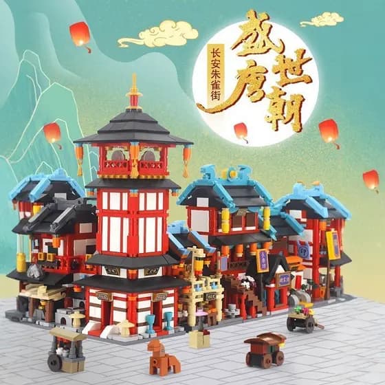 Estilo chinês vista de rua blocos de construção antigo modelo de montagem de construção pequenas partículas brinquedos d