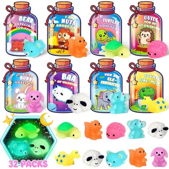 Presentes de Dia dos Namorados para Crianças na Escola, 32 Brinquedos Squishy Kawaii Fofos que Brilham no Escuro com Car
