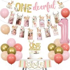 Decorações de Aniversário de 1 Ano com Tema de Veado JOYMEMO para Menina, Faixa Decorativa Rosa Boho com Tema de Veado,