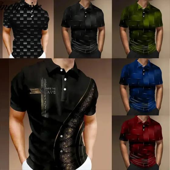 Camisa Polo Masculina com Padrão de Cruz e Estampa Geométrica 3D