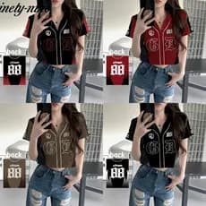 Camisa Polo Cropped Feminina Estilo Y2K, Estilo Gótico, Jersey de Beisebol Número 88, Decote em V, Manga Curta, Ajuste J