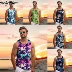 Regata masculina de verão 2026, com estampa de coqueiros e folhas tropicais, em estilo havaiano de praia, disponível em