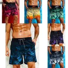 Calções de Praia com Estampa 3D de Plantas Tropicais para Homens, Calças Esportivas de Surf Oversized com Cordão, Roupas